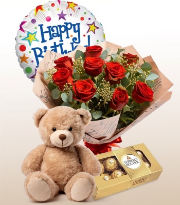 12 Red Roses And Teddy Bear