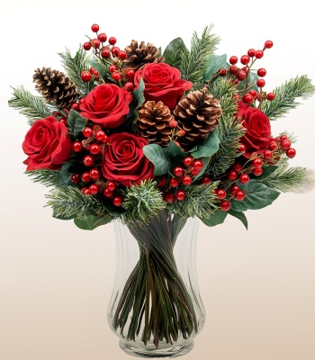 Christmas Flowers Arrangement - Roses and Pinecones