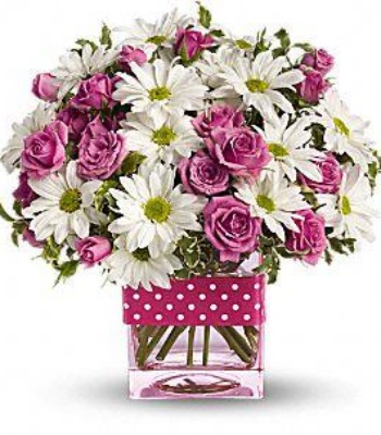 Hot Pink Roses and Daisies in Cube Vase