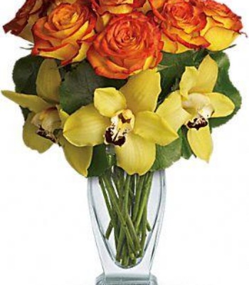 Roses and Cymbidium Orchids in Vase