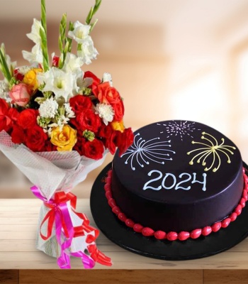 Chocolate Cake and Flower Bouquet