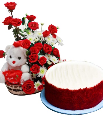 Red Velvet Cake with Flowers Basket