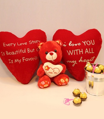 True Love Cushions with Teddy & Chocolates