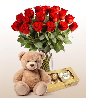 24 Red Roses With Teddy Bear And Chocolate Box