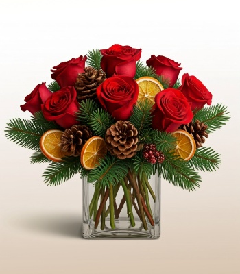 Christmas Flower Arrangement - Roses and Pinecones