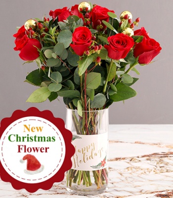 Red Roses with Christmas Ornaments