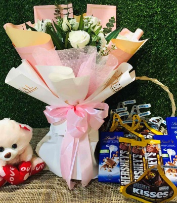 White Roses with Teddy and Grocery Packages