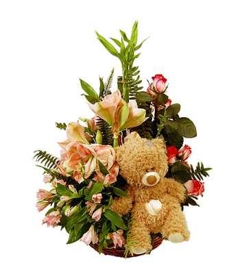 Mixed Flowers Basket With Teddy Bear