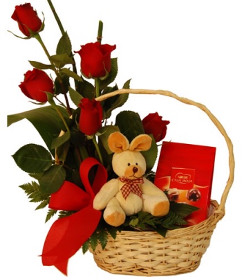 Rose Basket With Teddy Bear And Chocolates