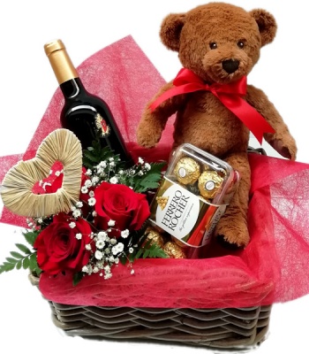 Rose Basket With Teddy Bear, Chocolates And Wine