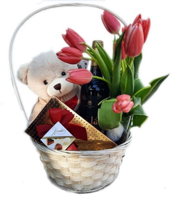 Tulip Flower Basket With Chocolates And Teddy Bear