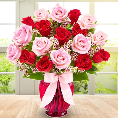 Pink & Red Rose Arrangement In Vase