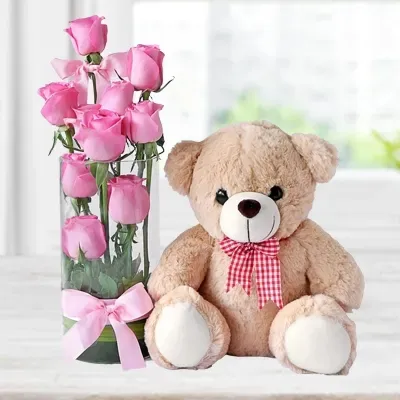 Pink Roses And Teddy Bear Gift Combo