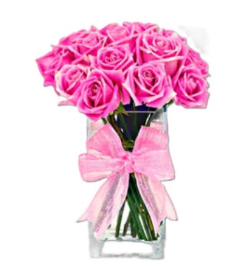 12 Pink Roses in A Glass Vase