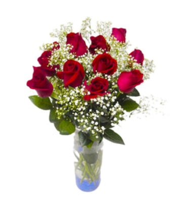 Red Roses with Filler Flowers and Vase