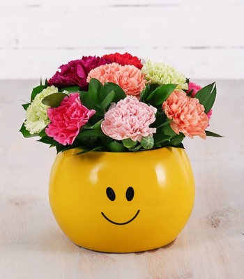 Assorted Carnations In Smiley Pot