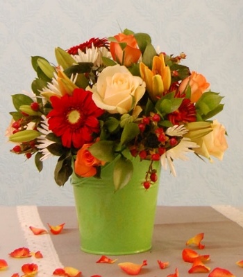 Assorted Flowers In Metal Bucket