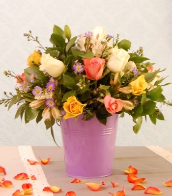 Assorted Roses In Metal Bucket