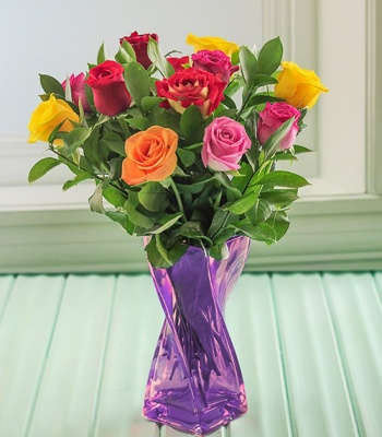 Assorted Roses In Purple Vase