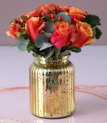 Cherry Brandy Roses in Gold Vase