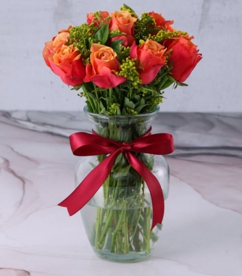 Cherry Brandy Roses in Hurricane Vase