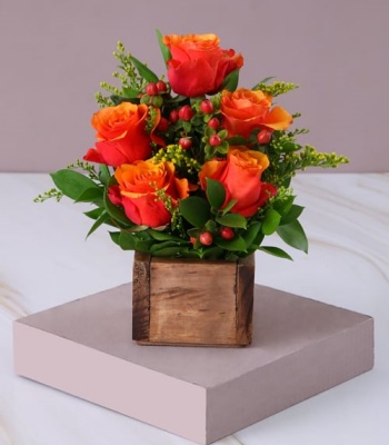 Cherry Brandy Roses In Wooden Box