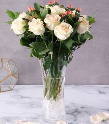 Cream Roses with Hypericum in Vase