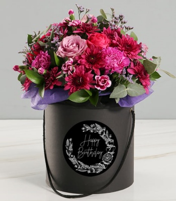 Happy Birthday Flowers In Black Hat Box