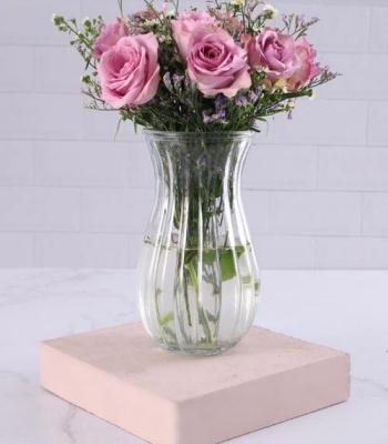 Lilac Roses in Ribbed Vase