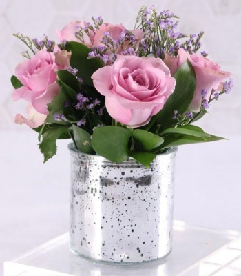 Lilac Roses in Silver Vase