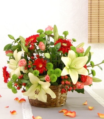 Mix Flowers In Wicker Basket