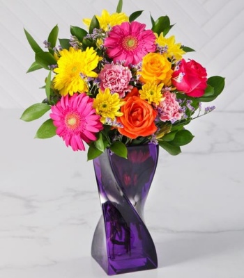 Mixed Flowers in Purple Vase