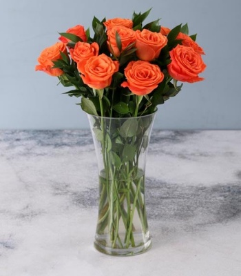 Orange Roses in Glass Vase