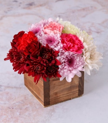 Pink and Pastel Flowers in Wooden Box