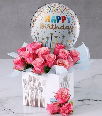 Pink Birthday Roses And Balloons