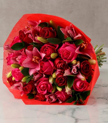 Pink Lilies And Red Roses Arrangement