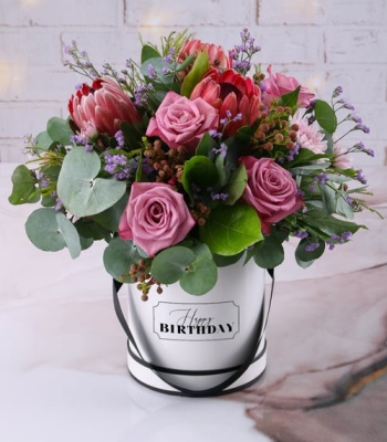 Pink Proteas and Roses in Birthday Box