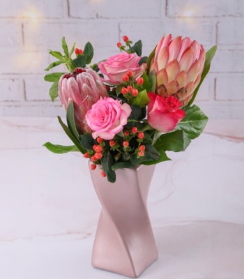 Pink Proteas in Twisty Vase