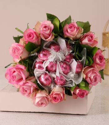 Pink Roses And Chocolate Arrangement