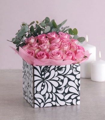 Pink Roses In Black And White Box