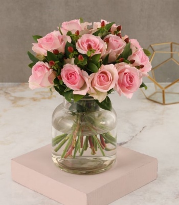 Pink Roses In Glass Vase