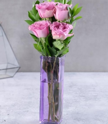 Pink Roses in Purple Vase