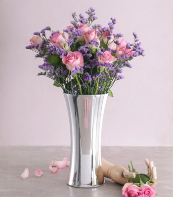 Pink Roses In Silver Vase