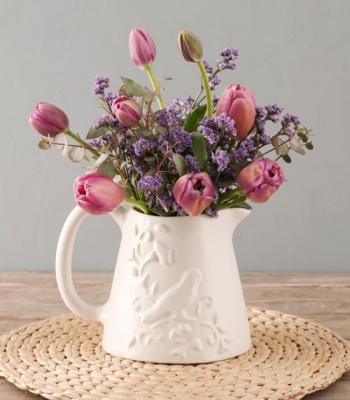 Purple Tulips In Birdie Jug