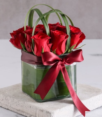 Red Roses In Square Vase