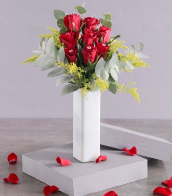 Red Roses In Tall Vase