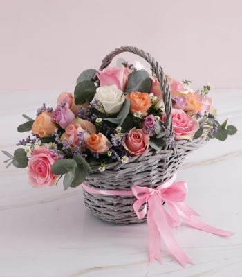 Rose Flowers In Willow Basket