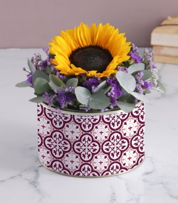 Sunflowers And Purple Flowers In Tin