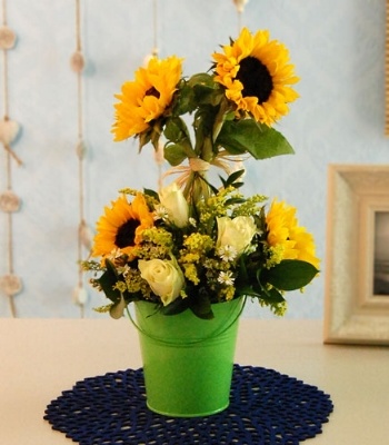 Sunflowers And Roses In Bucket