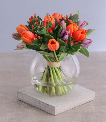 Tulip Flowers In Round Vase